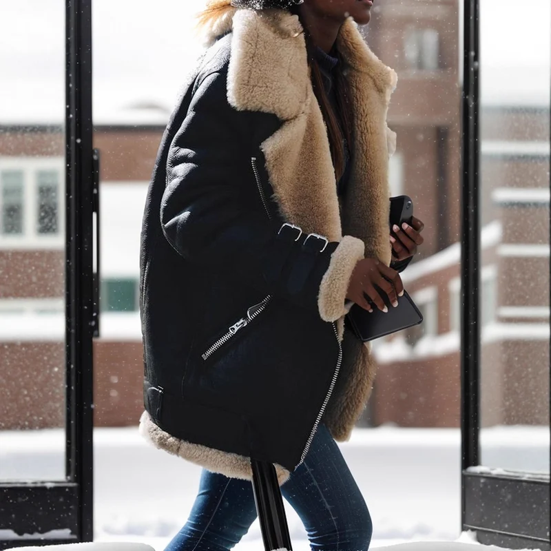 Damen Kurz geschnittene Aviator-Lederjacke mit Teddyfell‑Futter und Reißverschlussdetails Nord Taschen