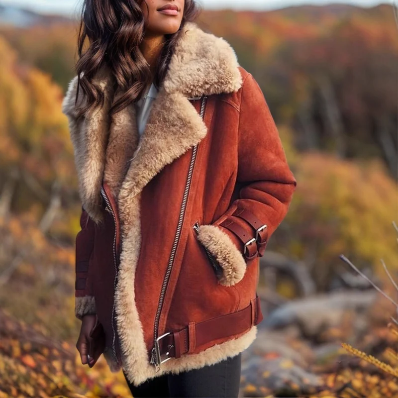Damen Kurz geschnittene Aviator-Lederjacke mit Teddyfell‑Futter und Reißverschlussdetails Nord Taschen