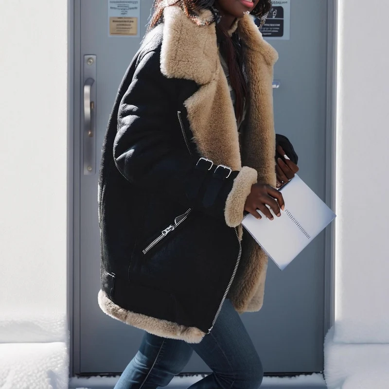 Damen Kurz geschnittene Aviator-Lederjacke mit Teddyfell‑Futter und Reißverschlussdetails Nord Taschen