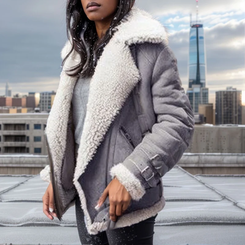 Damen Kurz geschnittene Aviator-Lederjacke mit Teddyfell‑Futter und Reißverschlussdetails Nord Taschen