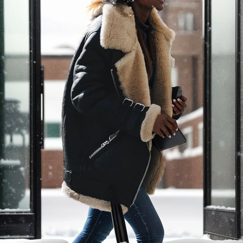 Damen Kurz geschnittene Aviator-Lederjacke mit Teddyfell‑Futter und Reißverschlussdetails Nord Taschen