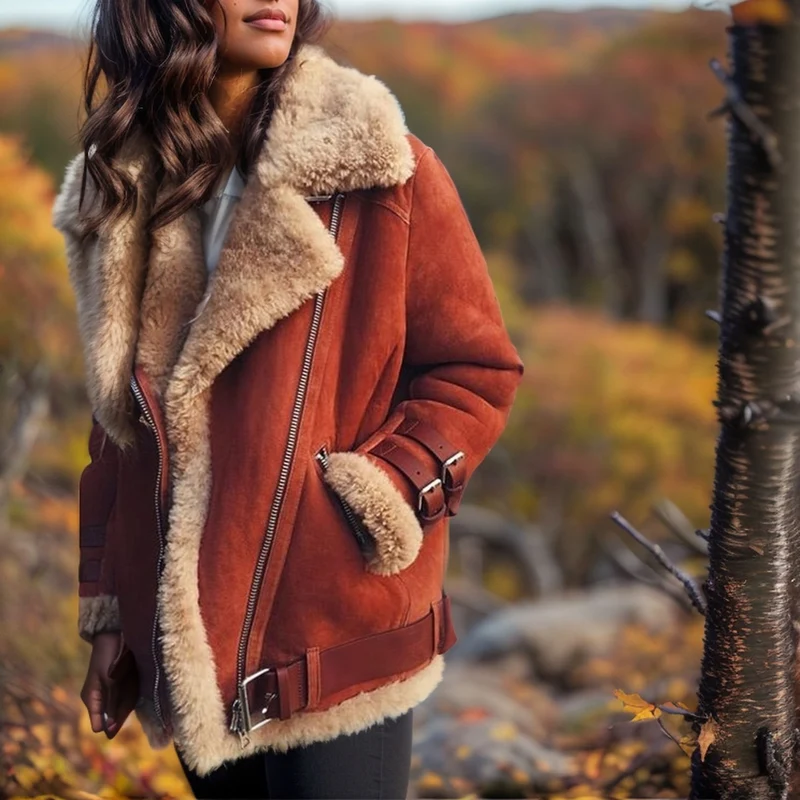 Damen Kurz geschnittene Aviator-Lederjacke mit Teddyfell‑Futter und Reißverschlussdetails Nord Taschen