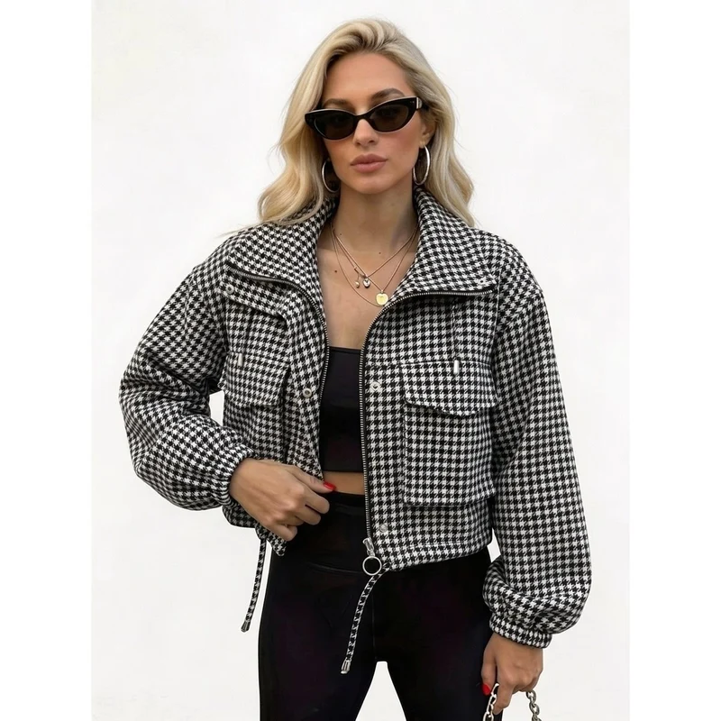 Damen Karo-Cropped-Jacke mit Stehkragen, Tunnelzug und elastischen Bündchen Nord Taschen