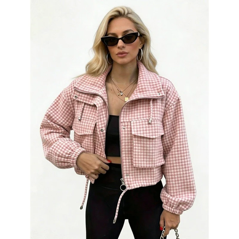 Damen Karo-Cropped-Jacke mit Stehkragen, Tunnelzug und elastischen Bündchen Nord Taschen