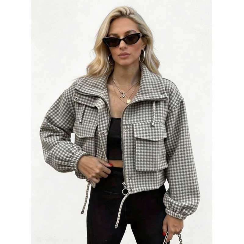 Damen Karo-Cropped-Jacke mit Stehkragen, Tunnelzug und elastischen Bündchen Nord Taschen
