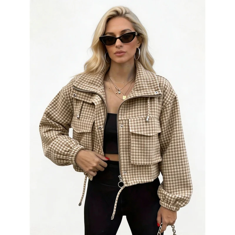 Damen Karo-Cropped-Jacke mit Stehkragen, Tunnelzug und elastischen Bündchen Nord Taschen