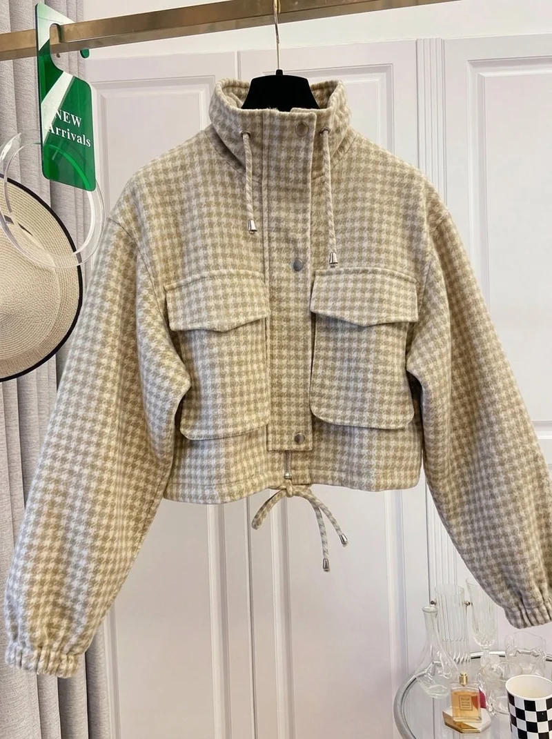 Damen Karo-Cropped-Jacke mit Stehkragen, Tunnelzug und elastischen Bündchen Nord Taschen