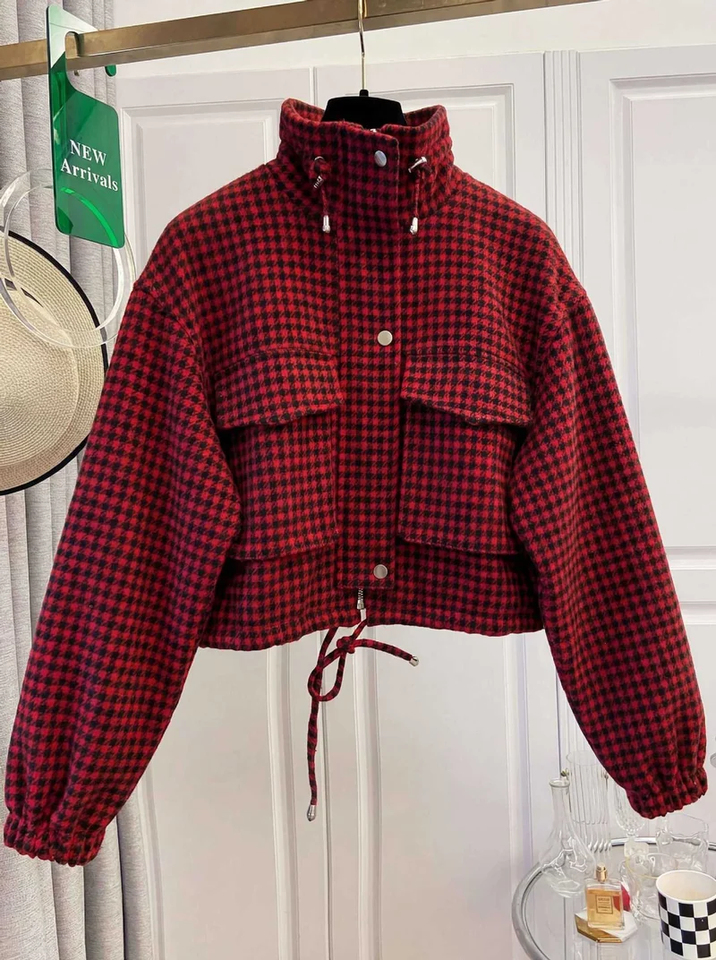 Damen Karo-Cropped-Jacke mit Stehkragen, Tunnelzug und elastischen Bündchen Nord Taschen