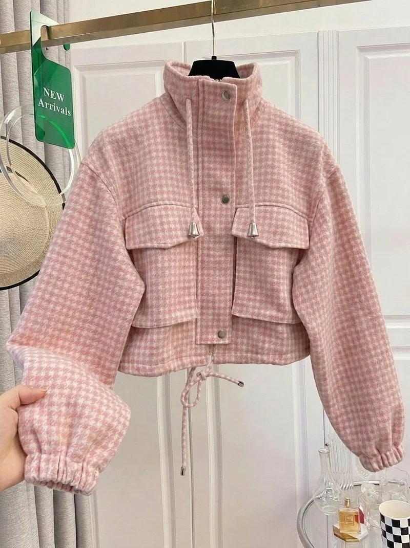 Damen Karo-Cropped-Jacke mit Stehkragen, Tunnelzug und elastischen Bündchen Nord Taschen