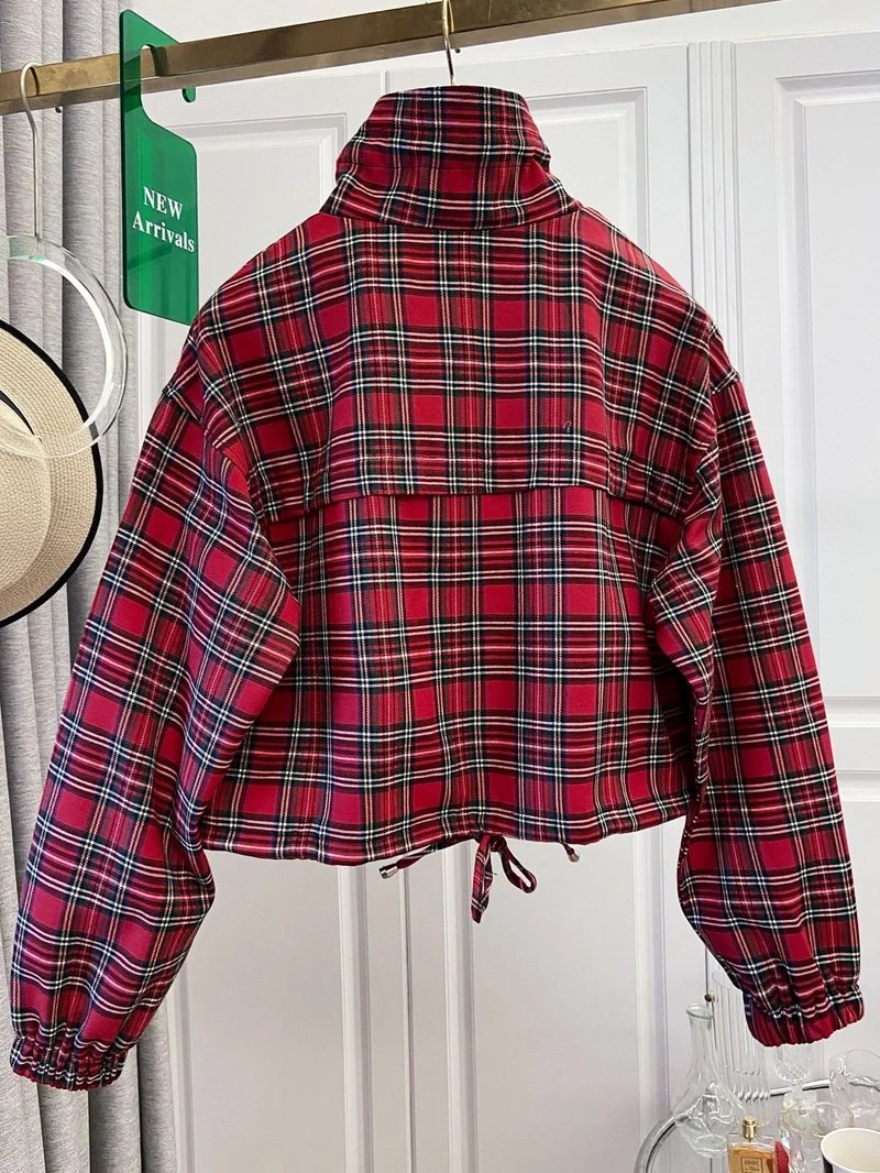 Damen Karo-Cropped-Jacke mit Stehkragen, Tunnelzug und elastischen Bündchen Nord Taschen