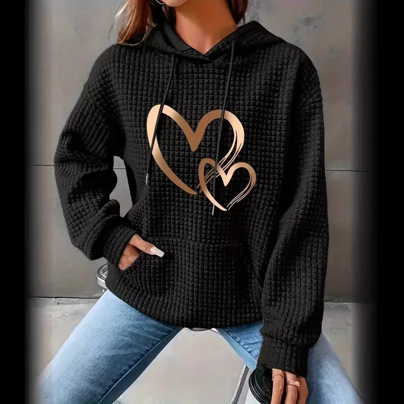 Damen Kapuzenpullover mit Waffelstruktur, Kängurutasche und Metallic-Herzprint Nord Taschen