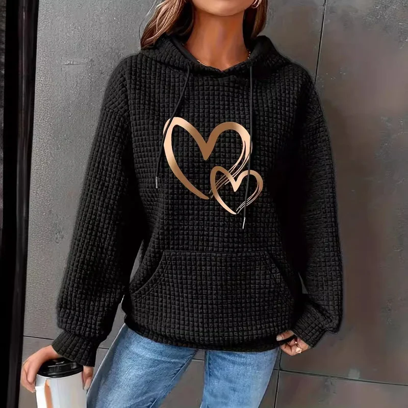 Damen Kapuzenpullover mit Waffelstruktur, Kängurutasche und Metallic-Herzprint Nord Taschen