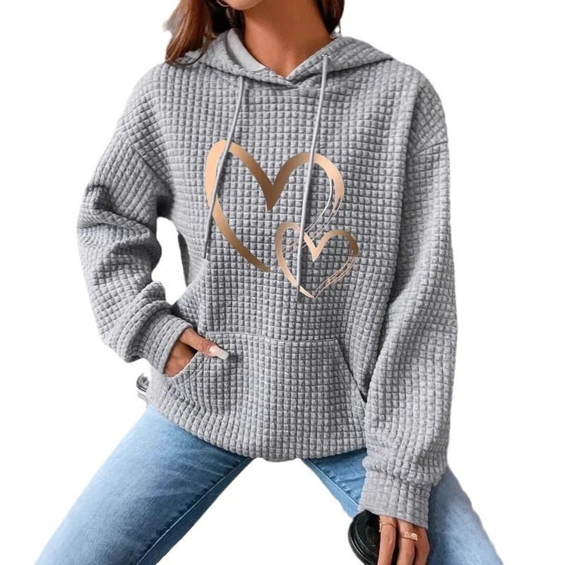 Damen Kapuzenpullover mit Waffelstruktur, Kängurutasche und Metallic-Herzprint Nord Taschen