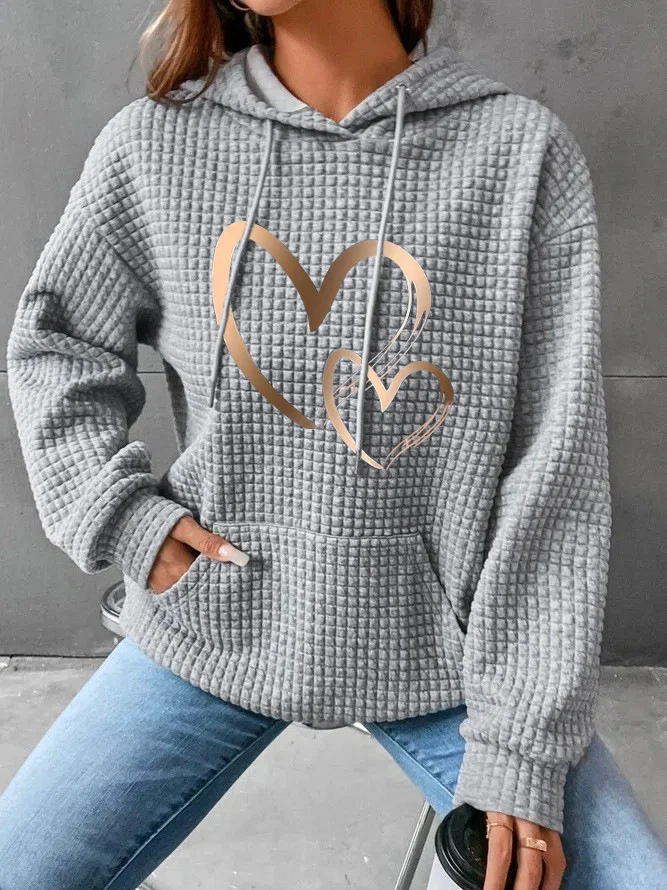 Damen Kapuzenpullover mit Waffelstruktur, Kängurutasche und Metallic-Herzprint Nord Taschen