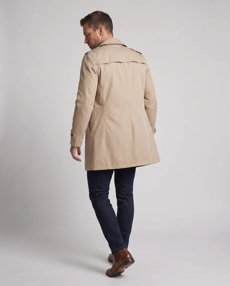 Kurzer Herren-Trenchcoat im Feldstil mit Schulterepauletten und karierter Fütterung Nord Taschen