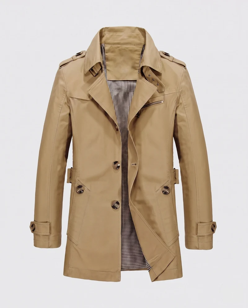 Kurzer Herren-Trenchcoat im Feldstil mit Schulterepauletten und karierter Fütterung Nord Taschen