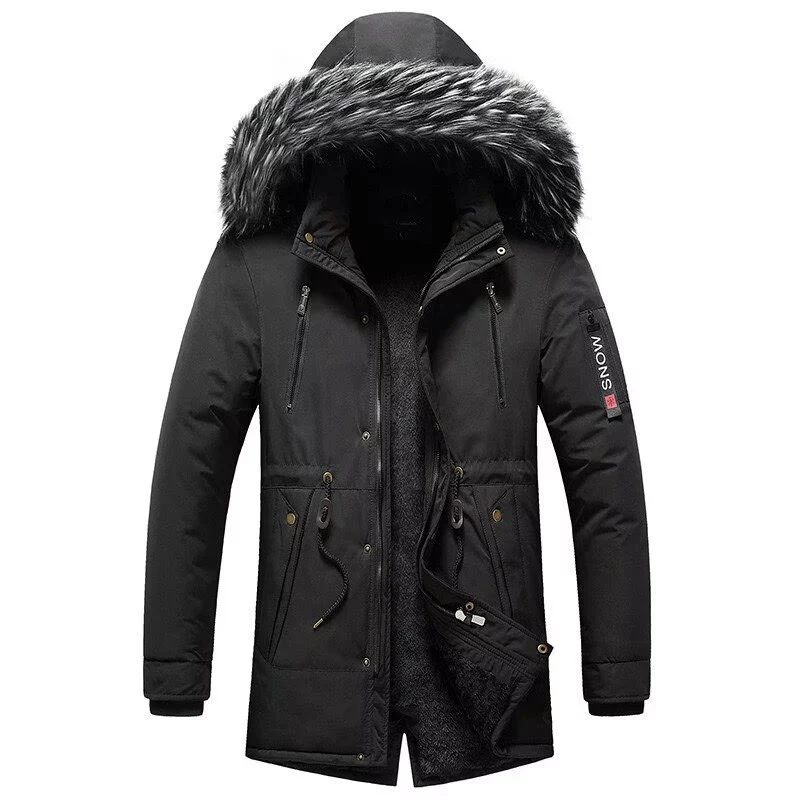 Herren Winterparka mit Kunstfellkapuze, gefütterter Thermo-Mantel mit Kordelzug Nord Taschen