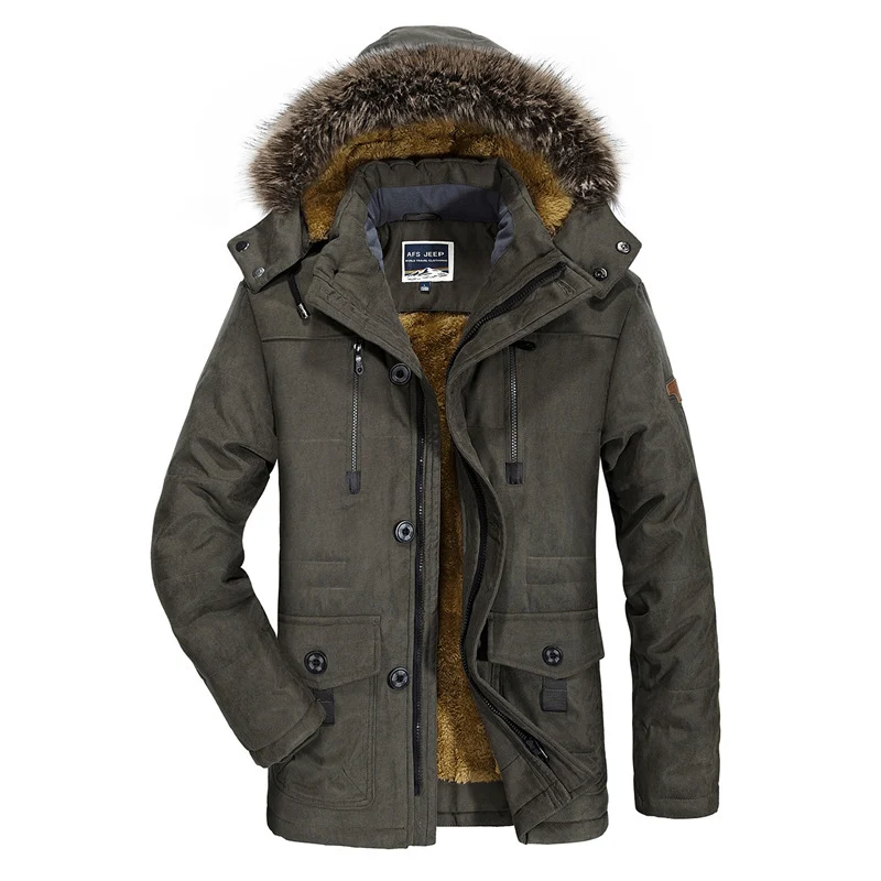 Herren gefütterte Parkajacke mit abnehmbarer Kapuze, Kunstfellbesatz und winddichter Isolation Nord Taschen