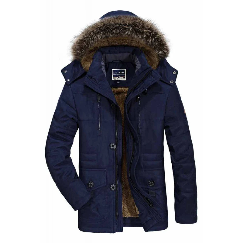 Herren gefütterte Parkajacke mit abnehmbarer Kapuze, Kunstfellbesatz und winddichter Isolation Nord Taschen