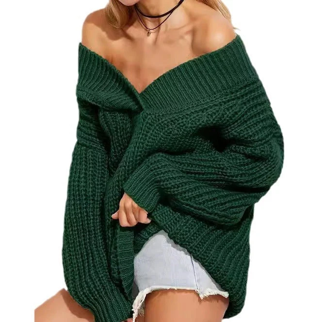 Damen Oversized Strickpullover mit V-Ausschnitt und breiten Ärmeln