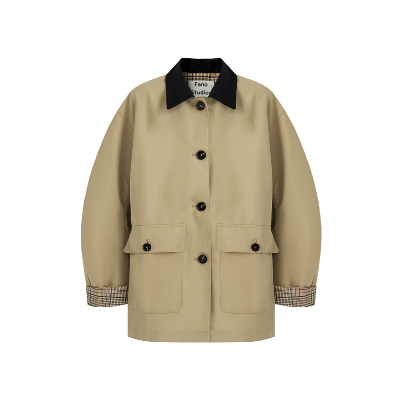 Damen Kurztrenchjacke mit Karofutter und Kontrastkragen Nord Taschen