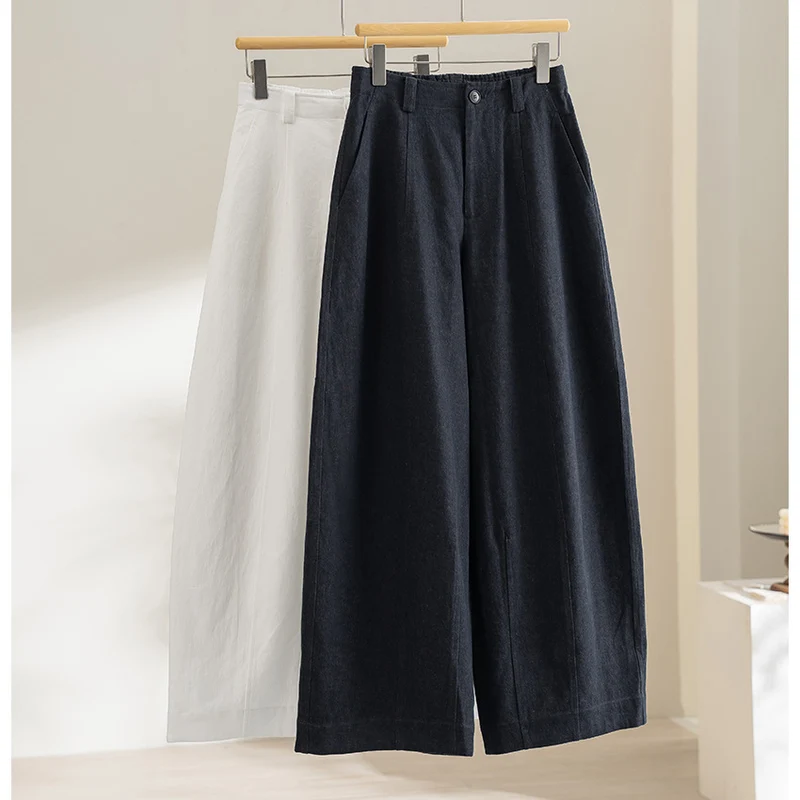 Damen Hochtaillierte weite Culotte-Hose aus Leinen‑Mix mit Bügelfalte und Eingrifftaschen Nord Taschen
