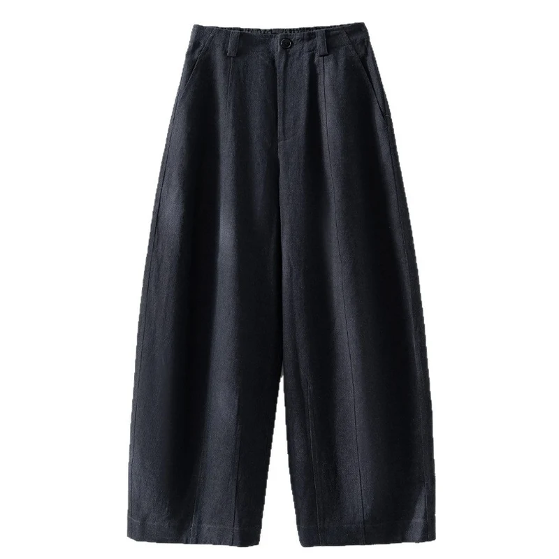 Damen Hochtaillierte weite Culotte-Hose aus Leinen‑Mix mit Bügelfalte und Eingrifftaschen Nord Taschen