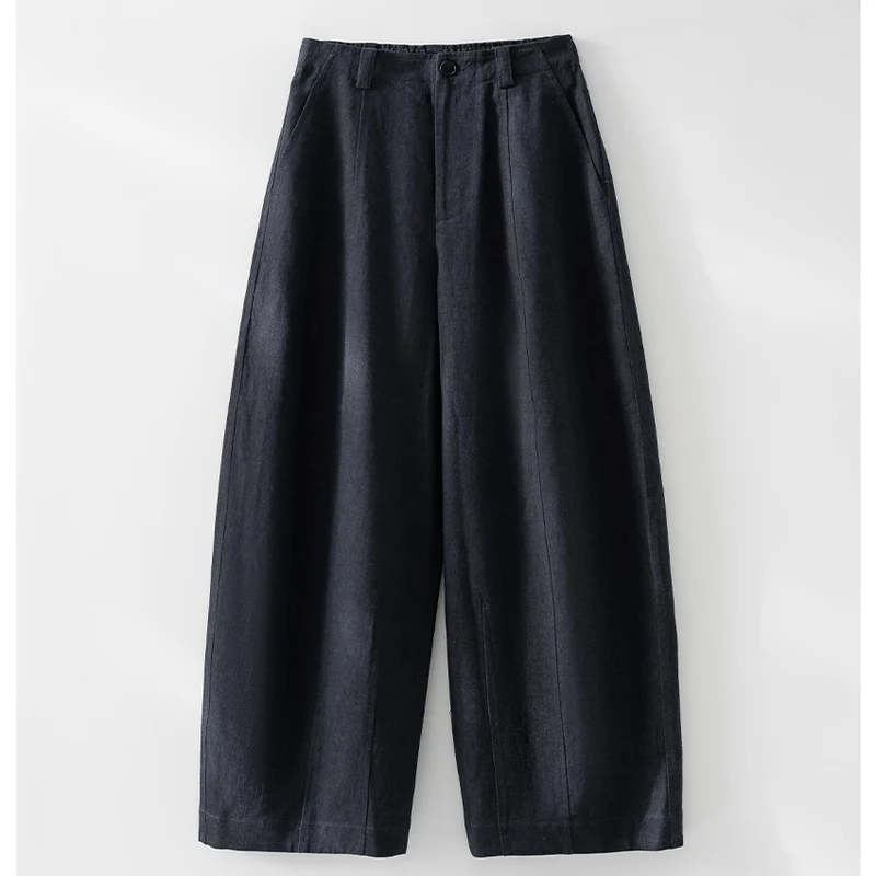 Damen Hochtaillierte weite Culotte-Hose aus Leinen‑Mix mit Bügelfalte und Eingrifftaschen Nord Taschen