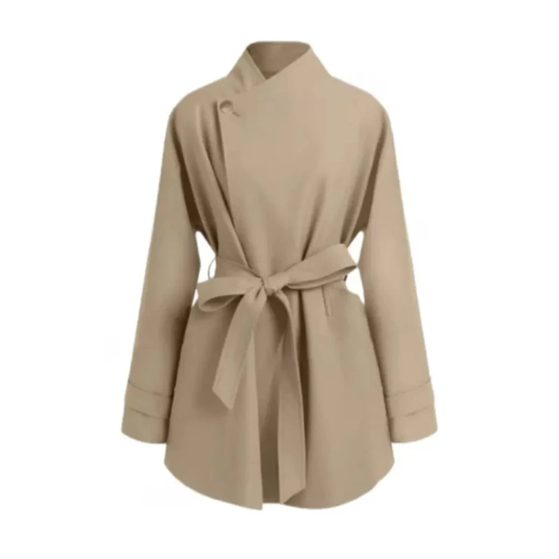 Damen Oversized Wickelbluse mit Stehkragen und Bindegürtel Nord Taschen