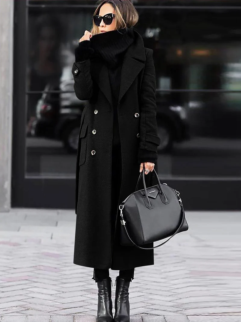 Damen Doppelreihiger Wollmix-Maximantel mit breitem Revers und Pattentaschen Nord Taschen
