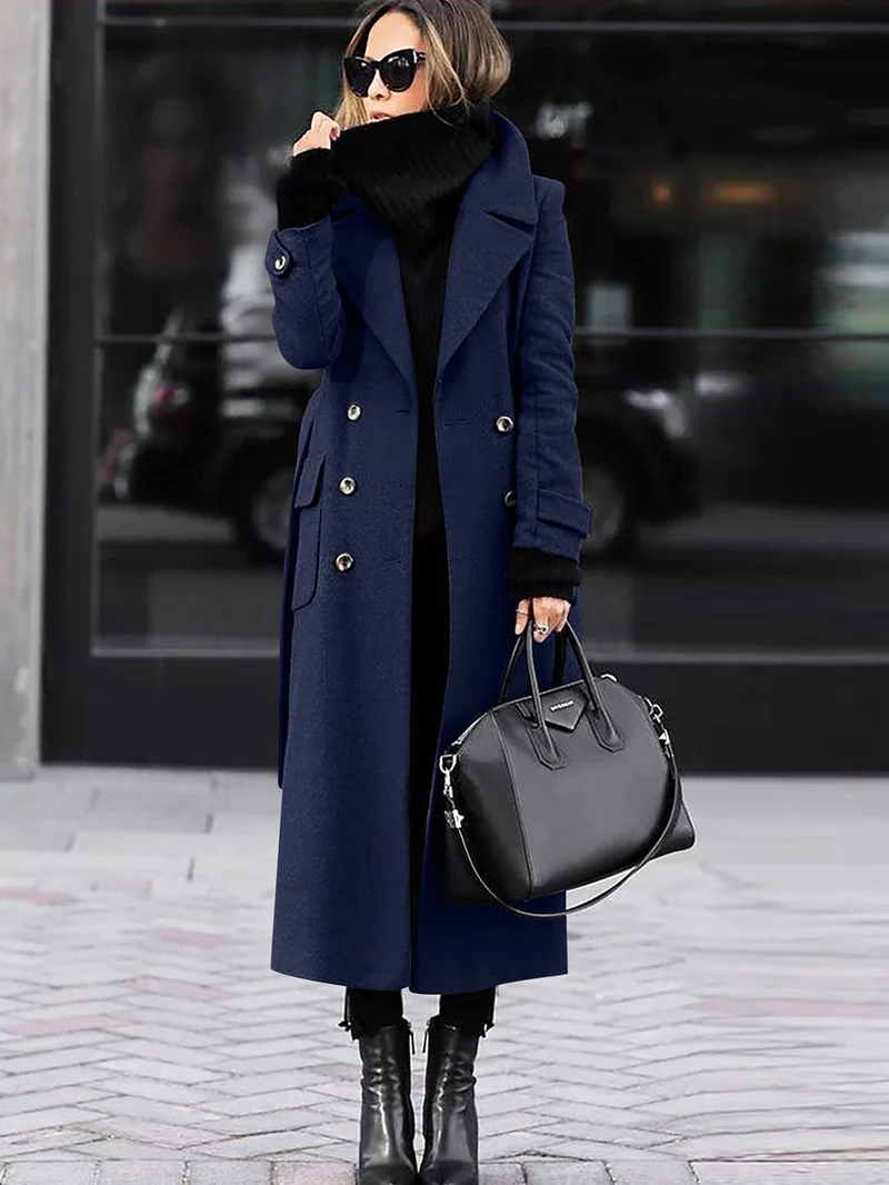 Damen Doppelreihiger Wollmix-Maximantel mit breitem Revers und Pattentaschen Nord Taschen