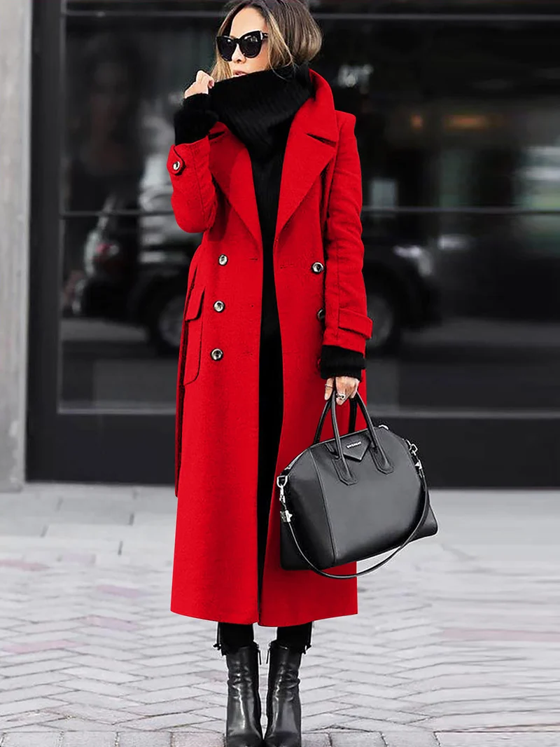 Damen Doppelreihiger Wollmix-Maximantel mit breitem Revers und Pattentaschen Nord Taschen