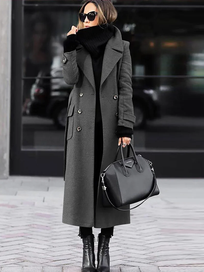 Damen Doppelreihiger Wollmix-Maximantel mit breitem Revers und Pattentaschen Nord Taschen