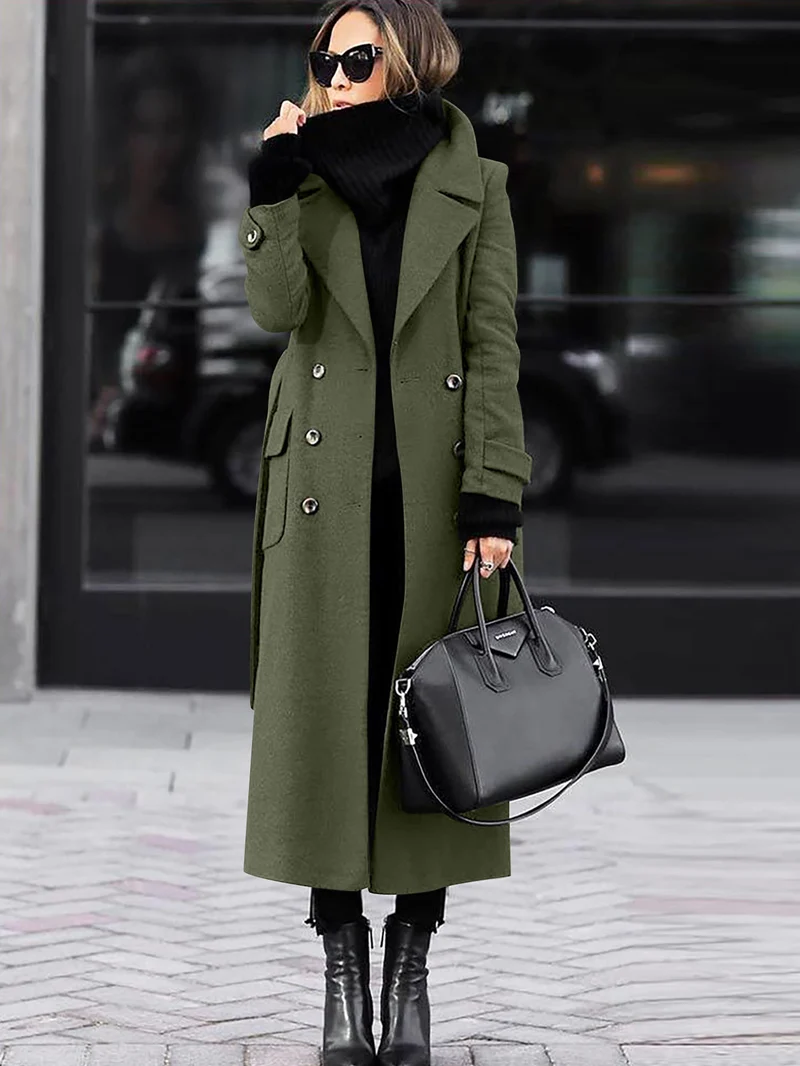 Damen Doppelreihiger Wollmix-Maximantel mit breitem Revers und Pattentaschen Nord Taschen