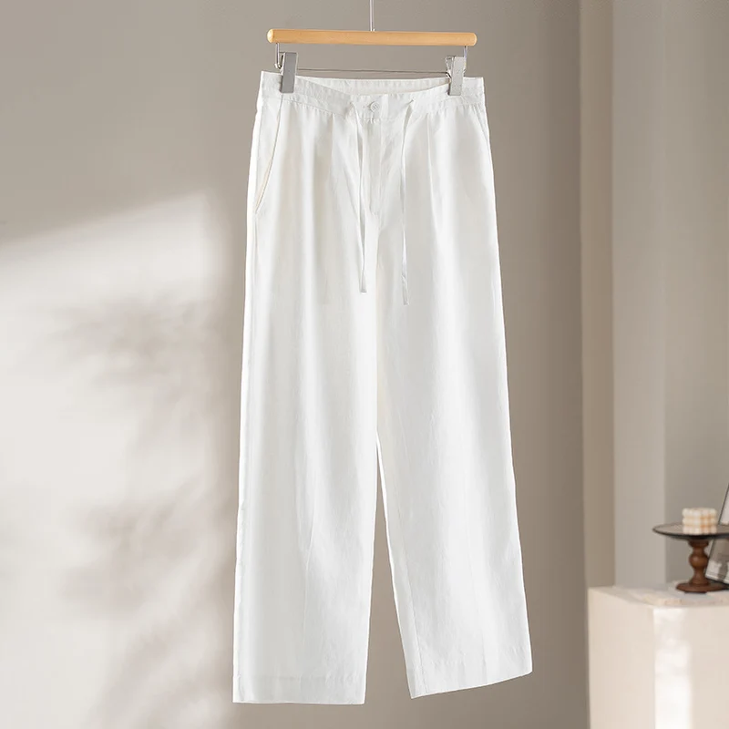 Damen Culotte-ähnliche Leinenhose mit Tunnelzug, Bundfalten und geradem Bein Nord Taschen