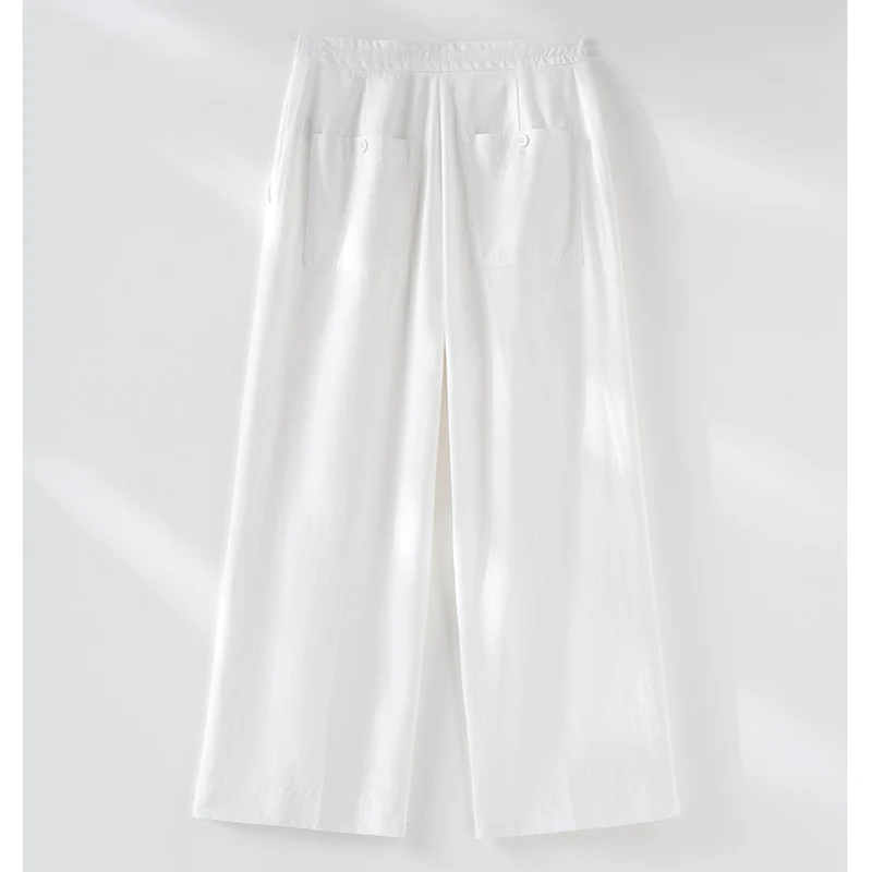 Damen Culotte-ähnliche Leinenhose mit Tunnelzug, Bundfalten und geradem Bein Nord Taschen