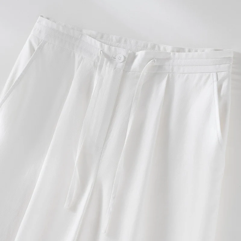 Damen Culotte-ähnliche Leinenhose mit Tunnelzug, Bundfalten und geradem Bein Nord Taschen