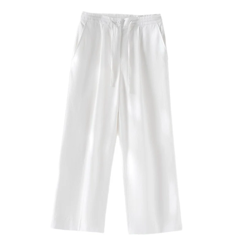 Damen Culotte-ähnliche Leinenhose mit Tunnelzug, Bundfalten und geradem Bein Nord Taschen