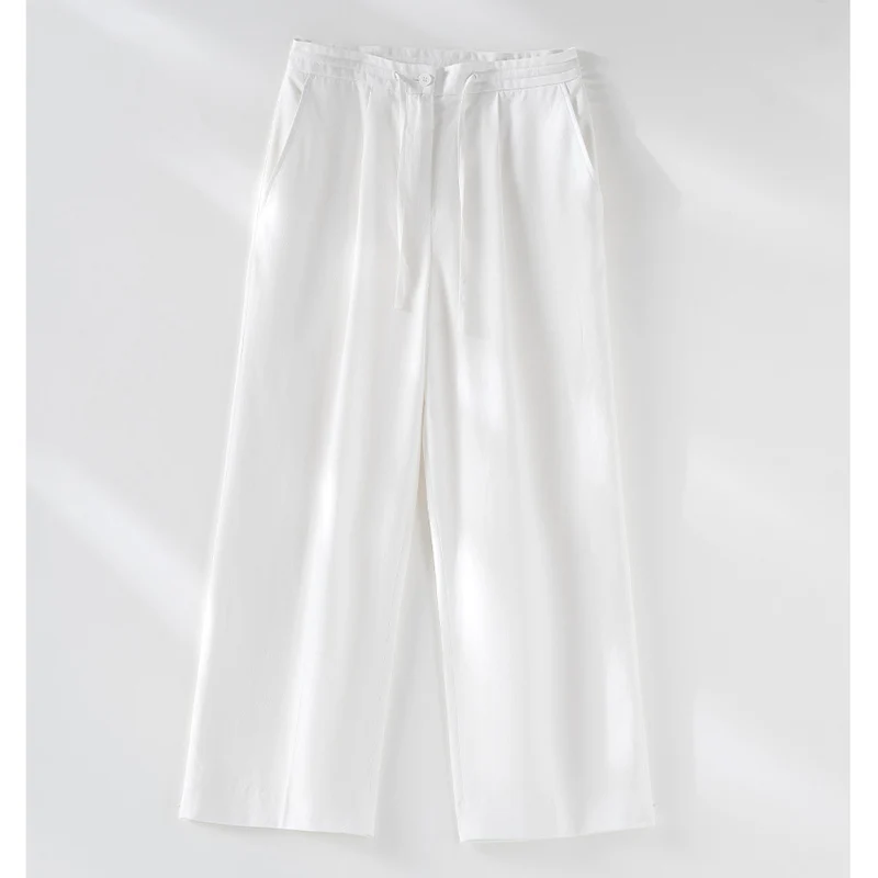 Damen Culotte-ähnliche Leinenhose mit Tunnelzug, Bundfalten und geradem Bein Nord Taschen