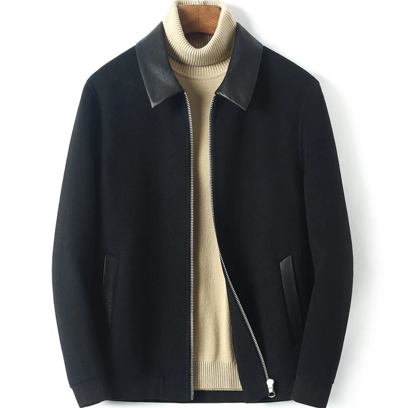 Herren Reißverschluss-Wollmix-Jacke mit Lederkragen und schlanker Silhouette Nord Taschen