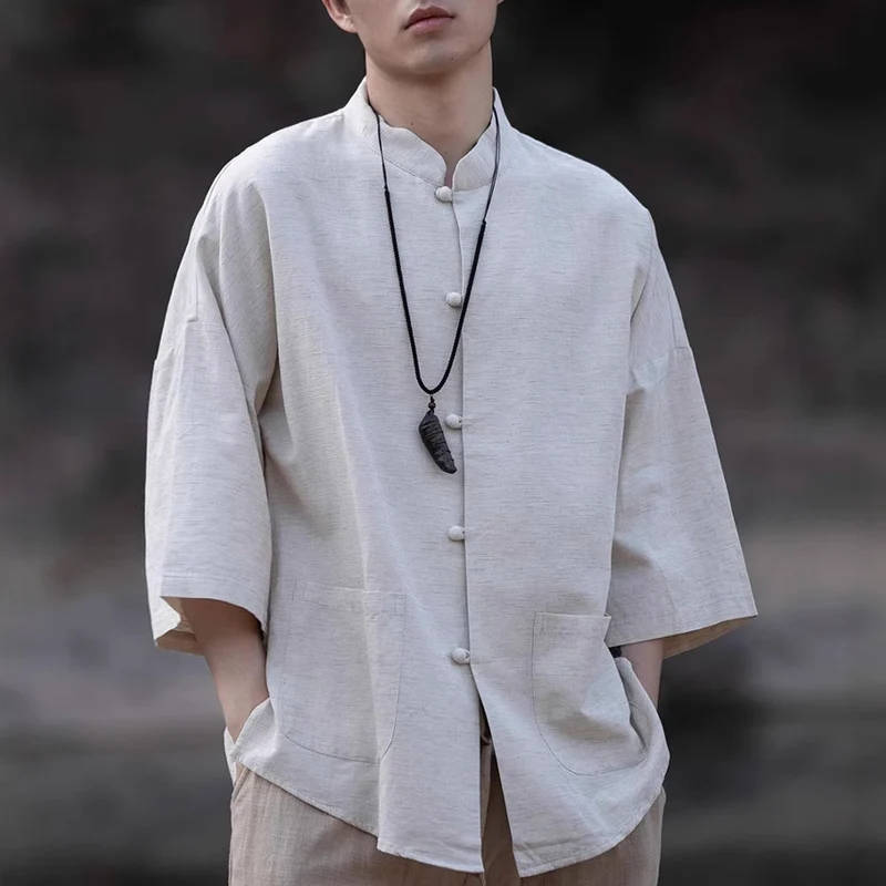 Herren Oversize Hemd im Kimono-Stil aus Leinen-Baumwollmix mit Stehkragen Nord Taschen