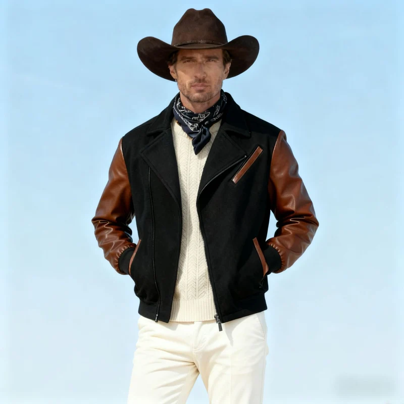 Herren Kurzjacke im Aviator‑Style mit Kontrastärmeln und asymmetrischem Reißverschluss Nord Taschen