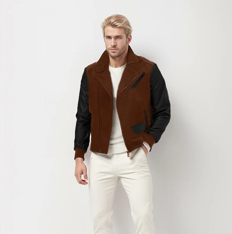 Herren Kurzjacke im Aviator‑Style mit Kontrastärmeln und asymmetrischem Reißverschluss Nord Taschen