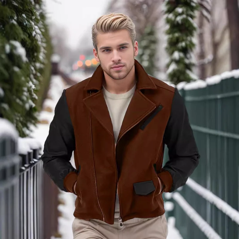 Herren Kurzjacke im Aviator‑Style mit Kontrastärmeln und asymmetrischem Reißverschluss Nord Taschen