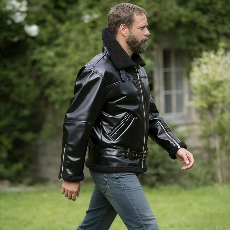Herren Kunstleder-Fliegerjacke mit Teddyfutter, Reißverschlusstaschen und Taillengürtel Nord Taschen
