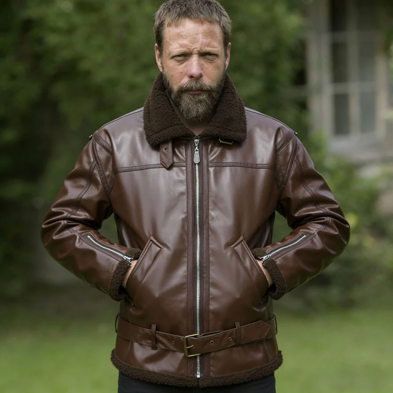 Herren Kunstleder-Fliegerjacke mit Teddyfutter, Reißverschlusstaschen und Taillengürtel Nord Taschen