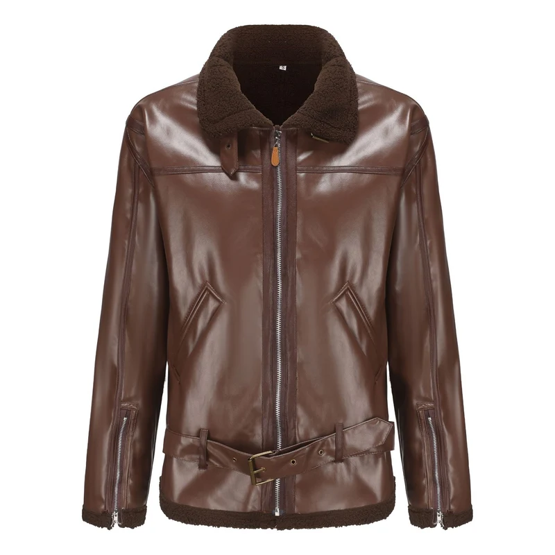 Herren Kunstleder-Fliegerjacke mit Teddyfutter, Reißverschlusstaschen und Taillengürtel Nord Taschen