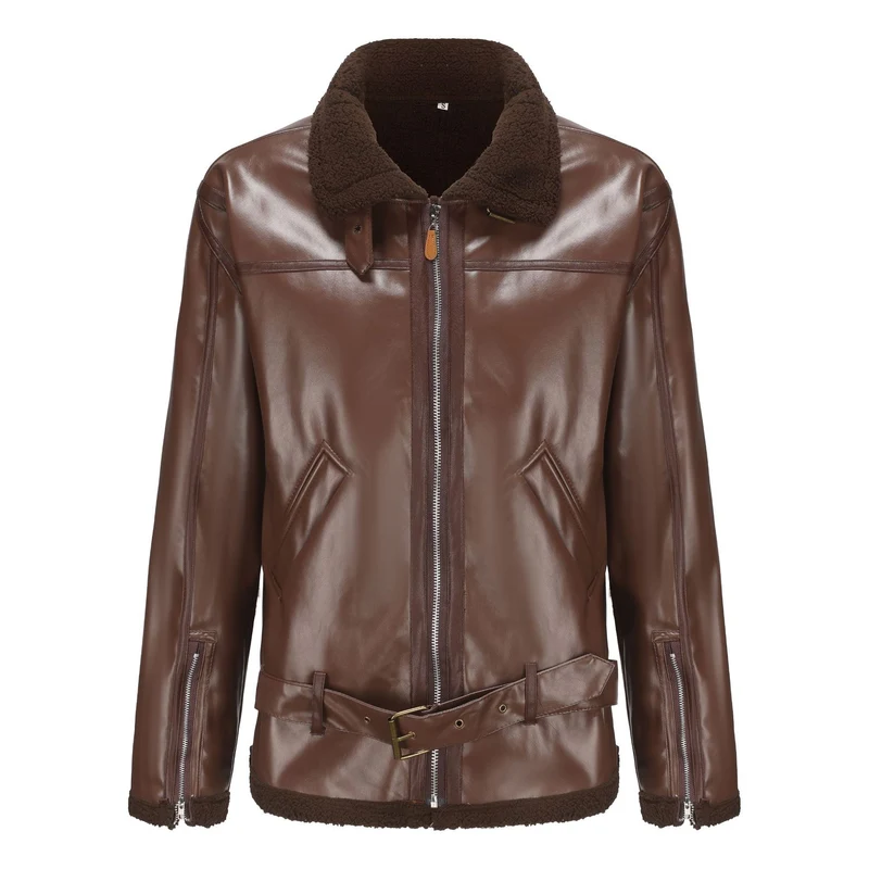 Herren Kunstleder-Fliegerjacke mit Teddyfutter, Reißverschlusstaschen und Taillengürtel Nord Taschen