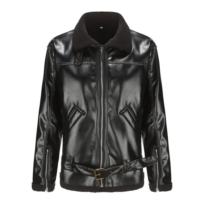 Herren Kunstleder-Fliegerjacke mit Teddyfutter, Reißverschlusstaschen und Taillengürtel Nord Taschen