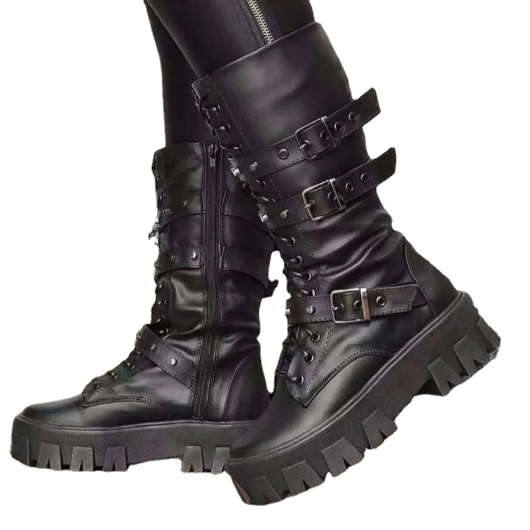 Damen Plateau-Bikerstiefel mit grober Profilsohle, Schnürung, Reißverschluss und verstellbaren Zierschnallen Nord Taschen